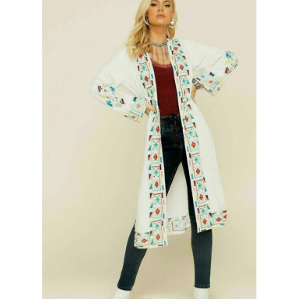 Wrangler Retro Womens White Southwestern Embroidered Longline Duster Cardigan M